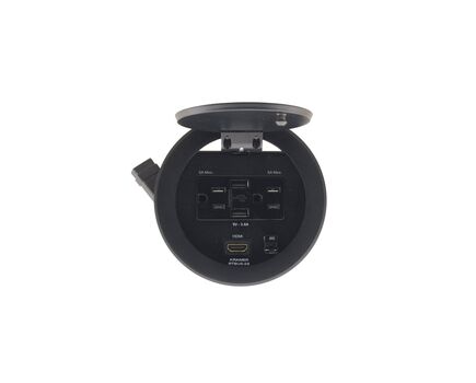 RTBUS-24(B) Round Table Connection Bus - 2 US Power Sockets, 2 USB Chargers & 1 HDMI Connector, Black, Sand–blasted Anodized Aluminum Top, Colour: Black, 2 image