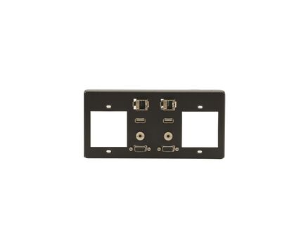 T4F-2S 2 Single Power Sockets Slots, 2 Fixed 15–pin HD (PC), 2 Fixed USB–A, 2 Fixed RJ–45 (Ethernet), 2 Fixed3.5mm (Audio)