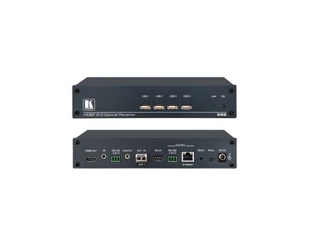 692 4K60 4:2:0 HDMI MM/SM Fiber Optic Receiver with USB, Ethernet, RS–232, IR & Stereo Audio De–embedding over Ultra–Reach HDBaseT 2.0